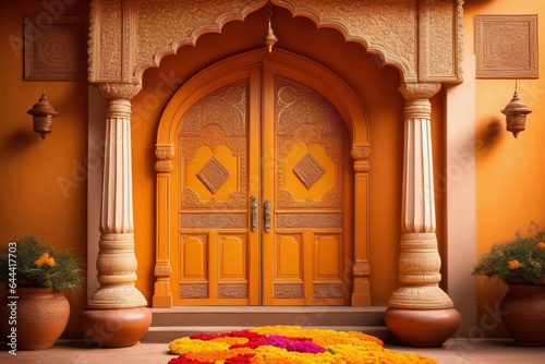 An ornate door adorned with marigold flowers and colorful rangoli patterns welcoming visitors during Diwali photo