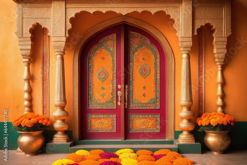 An ornate door adorned with marigold flowers and colorful rangoli patterns welcoming visitors during Diwali