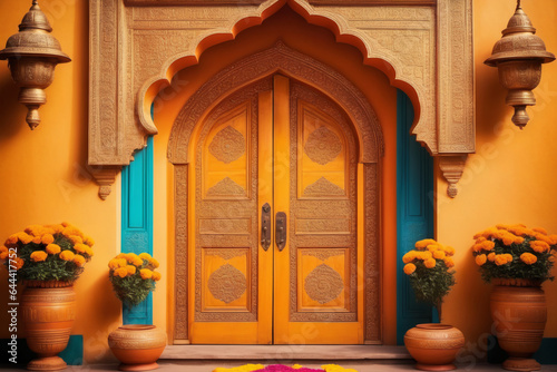 An ornate door adorned with marigold flowers and colorful rangoli patterns welcoming visitors during Diwali