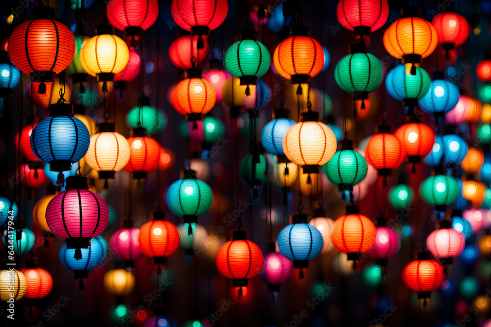 Rows of colorful lanterns hanging across a narrow alley Rows of colorful lanterns hanging across a narrow alley