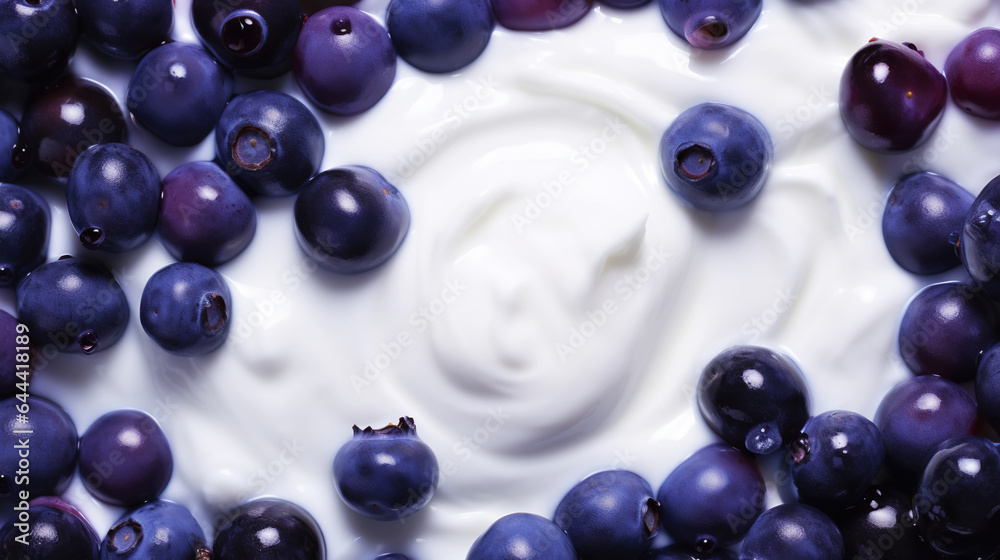 Yogurt and fresh berries blueberries, background. Top view. Generative AI Yogurt and fresh berries blueberries, background. Top view. Generative AI