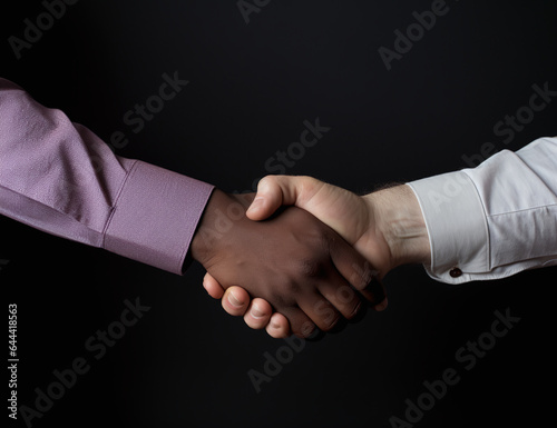 Handshake between black and white businessmen wearing white and purple lila shirts.