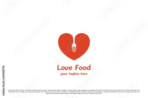 Food love logo template design illustration. Creative silhouette, abstract, simple, heart, love, fork, minimalist elegant cooking cutlery concept. Elegant luxury food restaurant cafe icon symbol.