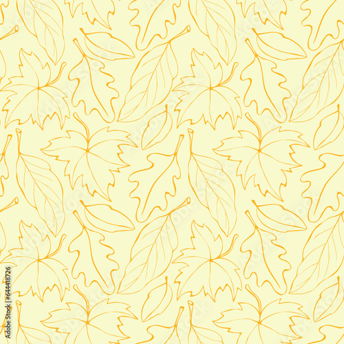 Fototapeta Naklejka Na Ścianę i Meble -  Seamless pattern falling leaves. Vector autumn texture isolated, hand drawn in sketch style, orange outline. Concept of forest, leaf fall, nature.