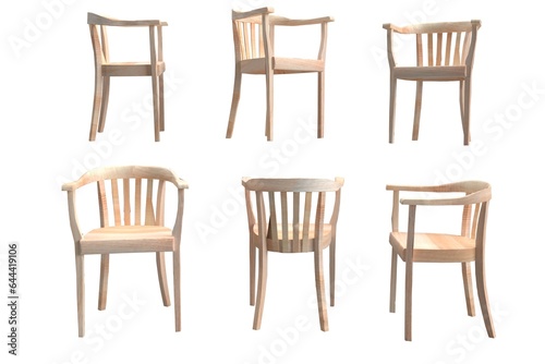 3D Illustration  Six Wooden Chairs