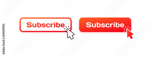 Subscribe button. Different styles, red, cursor on subscribe button, subscribe icon. Vector icon