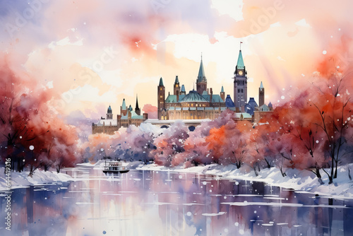 An artists brush dances on paper delicately capturing the serene beauty of Canadian cities in winters ethereal watercolors 