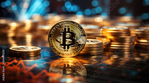 Bitcoin Cryptocurrency Digital Bit Coin standing on circuit board, BTC Currency Technology Business Internet Concept. 3d rendering