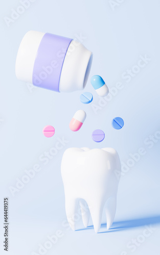 Cartoon drugs and tooth, 3d rendering.