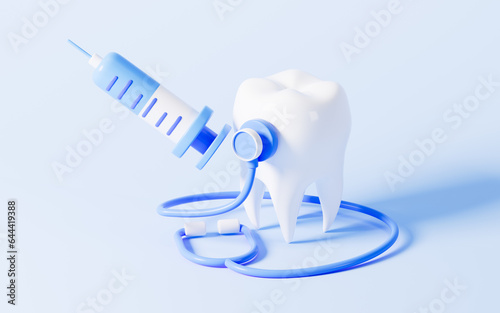 Cartoon stethoscope and tooth in the blue background, 3d rendering.