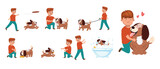 Vector cartoon set of a boy and dog spending fun time together