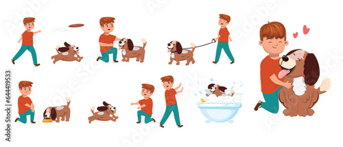 Vector cartoon set of a boy and dog spending fun time together © Marina