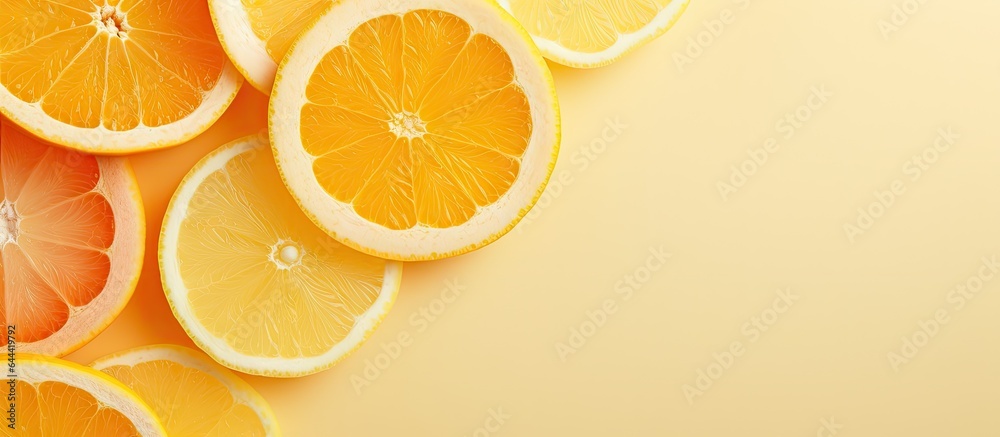 Obraz premium Sliced citrus fruits layered on a isolated pastel background Copy space