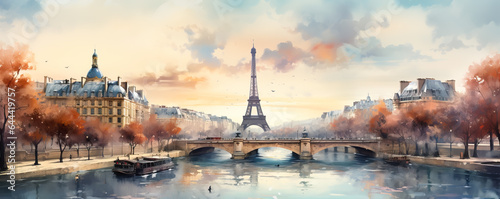 A picturesque winter watercolor skyline of Paris with the Eiffel Tower and Seine River against a soft gradient backdrop 