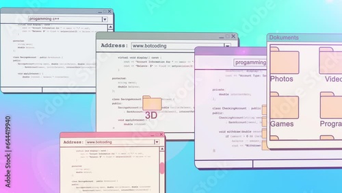 Vaporwave computer desktop animtion with moving programming windows and files. Retro 80s 90s background