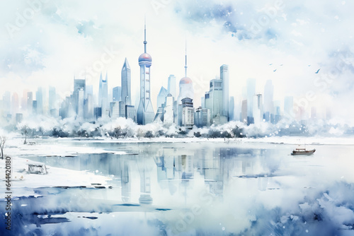Serene snow-cloaked skyline of an Asian megacity transformed into an ethereal masterpiece by delicate watercolor strokes 