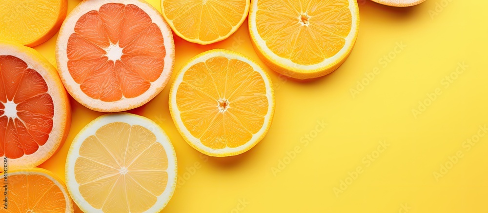 Sliced citrus fruits layered on a isolated pastel background Copy space Sliced citrus fruits layered on a isolated pastel background Copy space