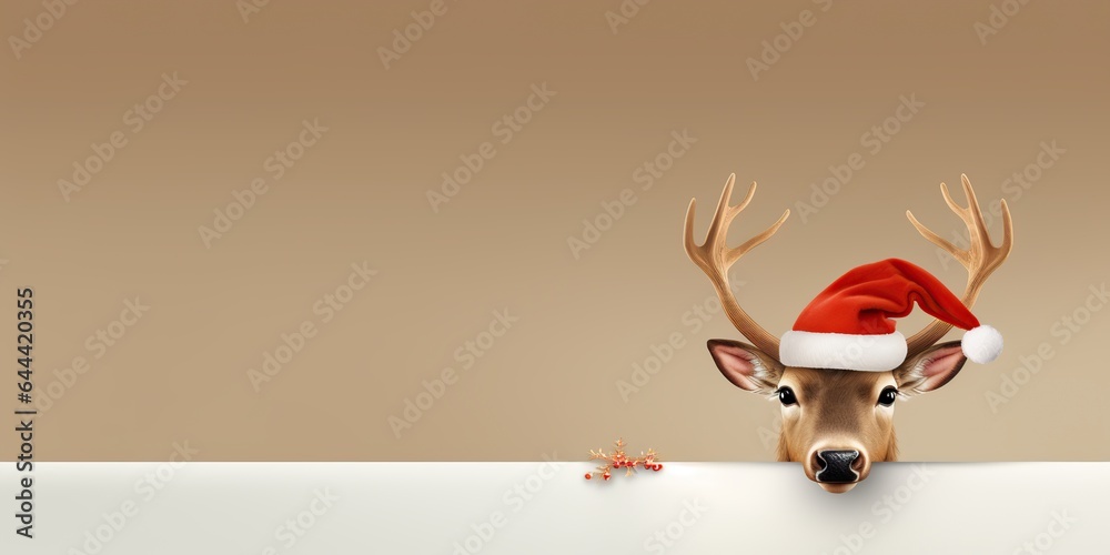 Fototapeta premium Deer with Christmas hat background. AI Generated.