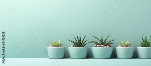 Plastic pots enhance the appearance of tiny decorative plants isolated pastel background Copy space