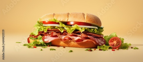 Meat and vegetable sandwich on isolated pastel background Copy space
