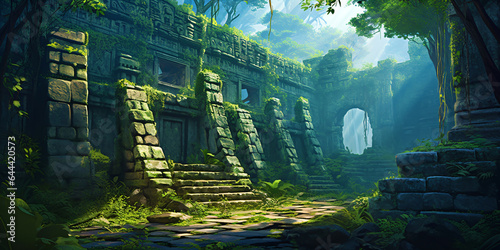Fototapeta Naklejka Na Ścianę i Meble -  jungle with stone Mayan temple ruins. Fantasy forest landscape with green trees and bushes
