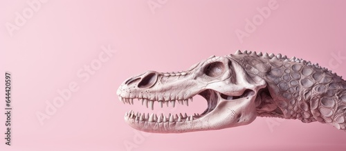 Offbeat still life photo of a pink plain with a crocodile skull isolated pastel background Copy space
