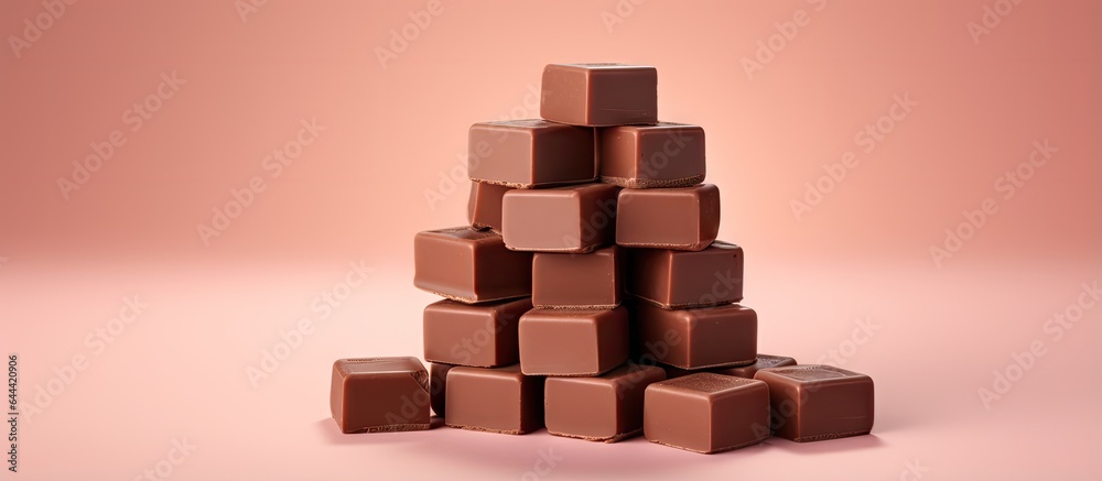 Stacked chocolate wafer cubes on a isolated pastel background Copy space