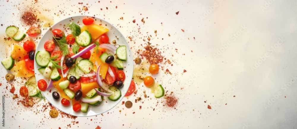Vegetarian Greek summer salad with cherry tomatoes feta cucumbers onions paprika oil and seasonings isolated pastel background Copy space Vegetarian Greek summer salad with cherry tomatoes feta cucumbers onions paprika oil and seasonings isolated pastel background Copy space
