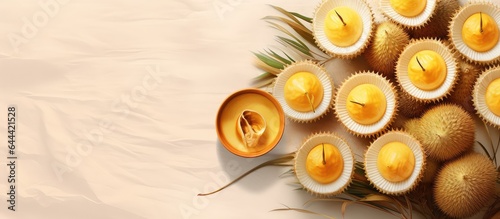 Malaysian desserts on a isolated pastel background Copy space Kuih Beko Bengka and Bingka Kelapa photo