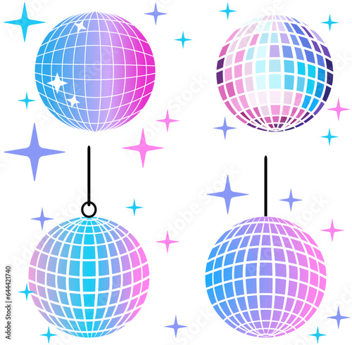 Vector set of holographic disco balls, colors transition from pink to blue