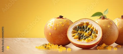 Yellow passion fruit with sweet juicy flesh and seeds isolated on a isolated pastel background Copy space photo