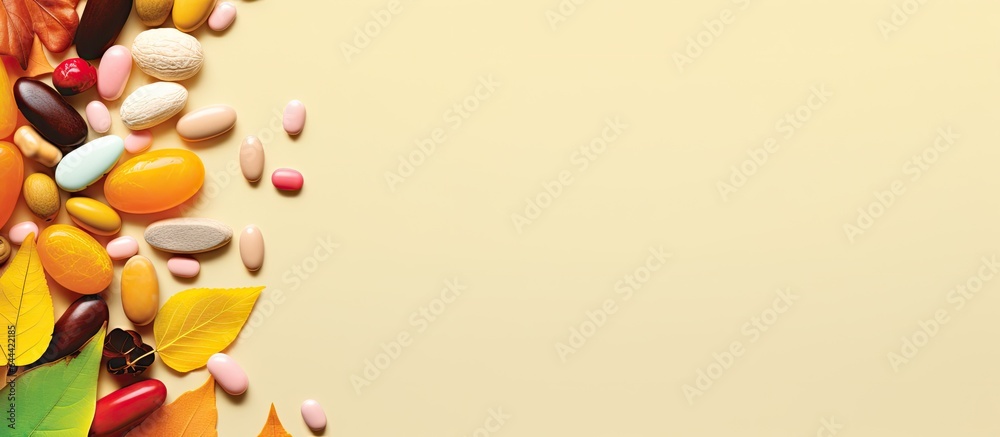 Vitamin supplements on isolated pastel background Copy space