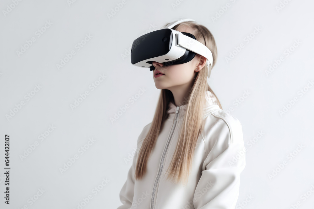 Girl in virtual glasses on a white background