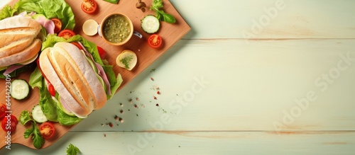 Sandwich made with freshly toasted homemade bread ham and a variety of vegetables on a cutting board isolated pastel background Copy space