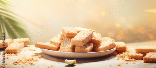 Opak ketan is a crunchy Indonesian snack made from rice flour salt sugar coconut and seasonings isolated pastel background Copy space photo