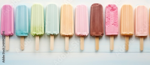 multicolored wooden popsicle stick isolated pastel background Copy space