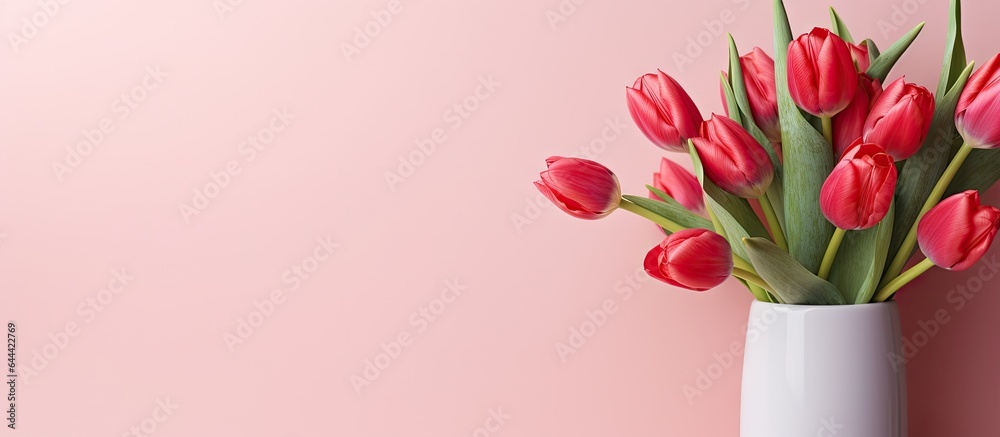 Pink and red tulips in a ceramic vase on isolated pastel background Copy space