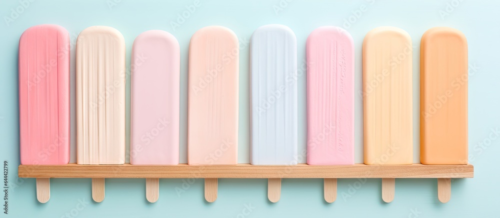 multicolored wooden popsicle stick isolated pastel background Copy space multicolored wooden popsicle stick isolated pastel background Copy space
