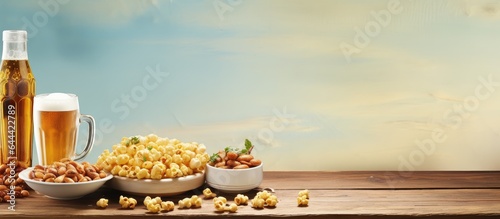 Mix of beer snacks raisins peanuts fried corn and chickpeas isolated pastel background Copy space