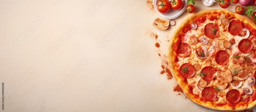 Pizza from Italy isolated pastel background Copy space