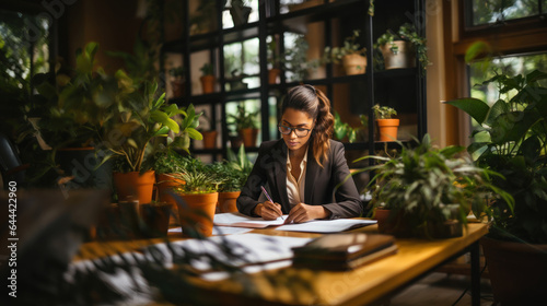 Portrait of a young businesswoman writing notes in a notebook while sitting at a table. Savings, finances and economy concept.