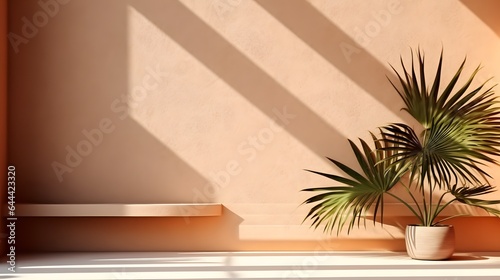 Minimal product placement background with palm shadow on plaster wall. Luxury summer architecture interior aesthetic. Creative boho concept home product platform stage mockup © Lucky Ai