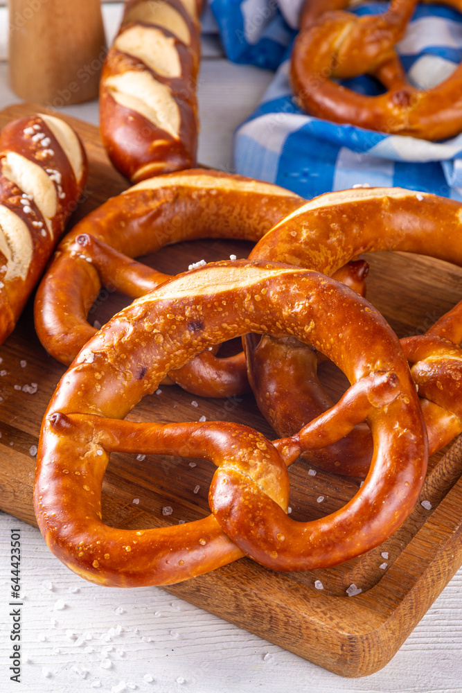 Homemade bavarian pretzels on kitchen table, traditional Oktoberfest, bavarian, German breakfast bun pastry Homemade bavarian pretzels on kitchen table, traditional Oktoberfest, bavarian, German breakfast bun pastry