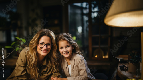Portrait of smiling mother and daughter looking at camera while sitting at home in evening. © AS Photo Family