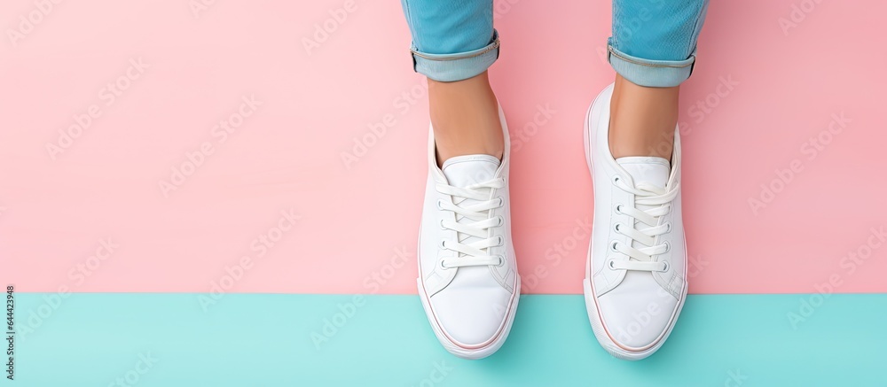 Woman deciding between high heels or sneakers isolated pastel background Copy space
