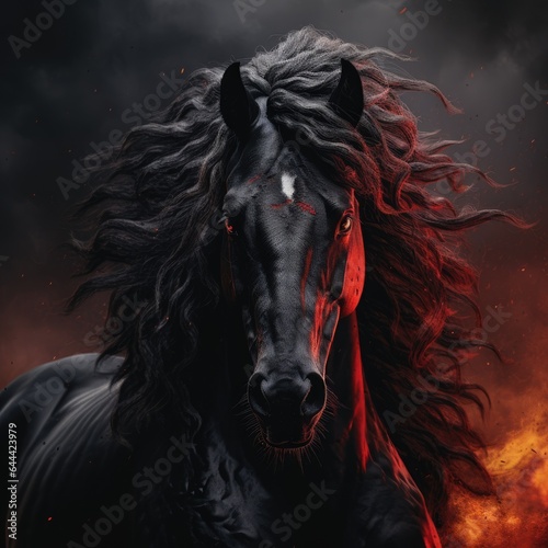 Majestic Black Horse Running Amidst a Fiery Background Dynamic Equine Motion in a Blaze of Power Illustration 