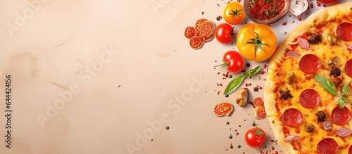 Newly made delicious pizza with meat cheese vegetables and sauce isolated pastel background Copy space