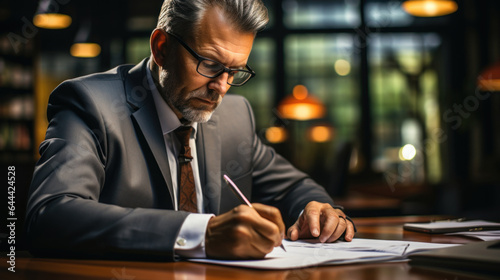 Serious senior businessman boss working with documents in office. Mature man sitting at table and writing on paper while working inside modern office building.