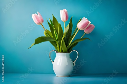 pink tulips in a white vase with blue background
