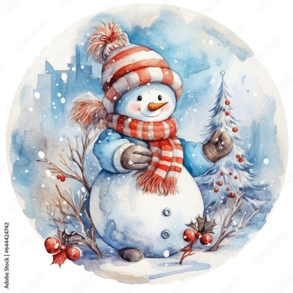 Obraz premium Watercolour Snowman, in the style of acidic and luminous colors on Christmas Background